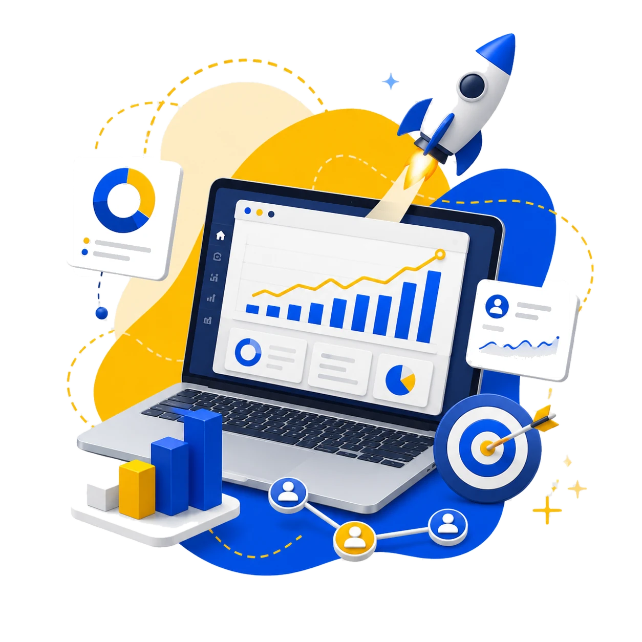 Analytics dashboard with growth charts and rocket launch