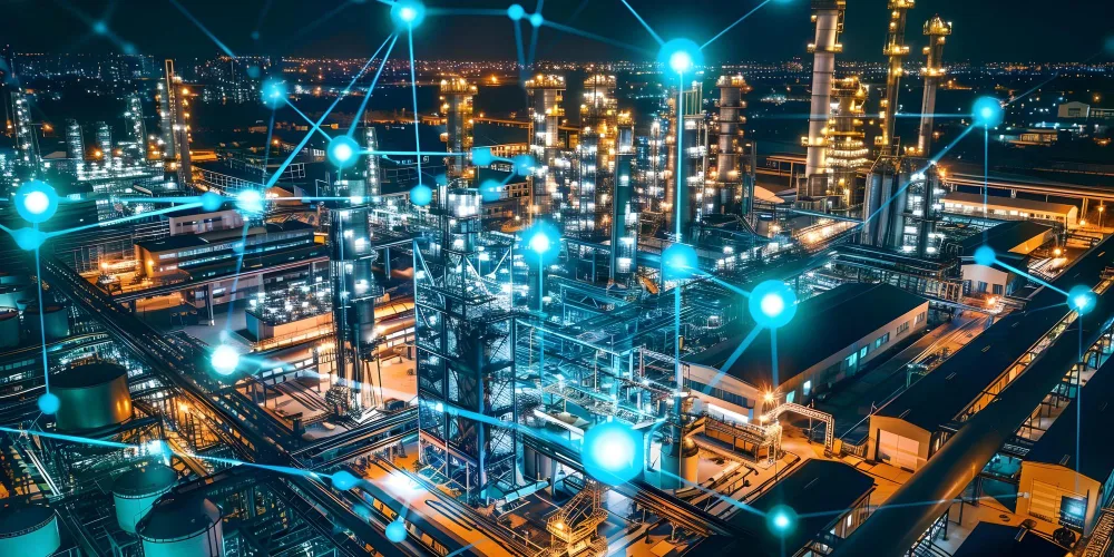 Industrial plant at night linked by an IoT sensor network