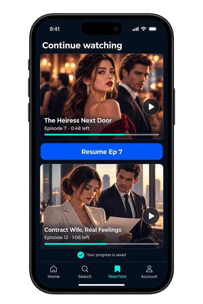 Continue watching screen with time left on two series, a resume button and a note that progress is saved
