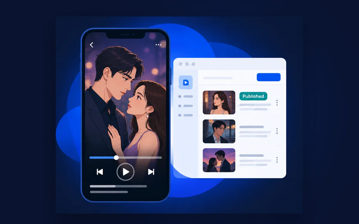 Illustration of a short drama playing on a phone beside a publishing panel