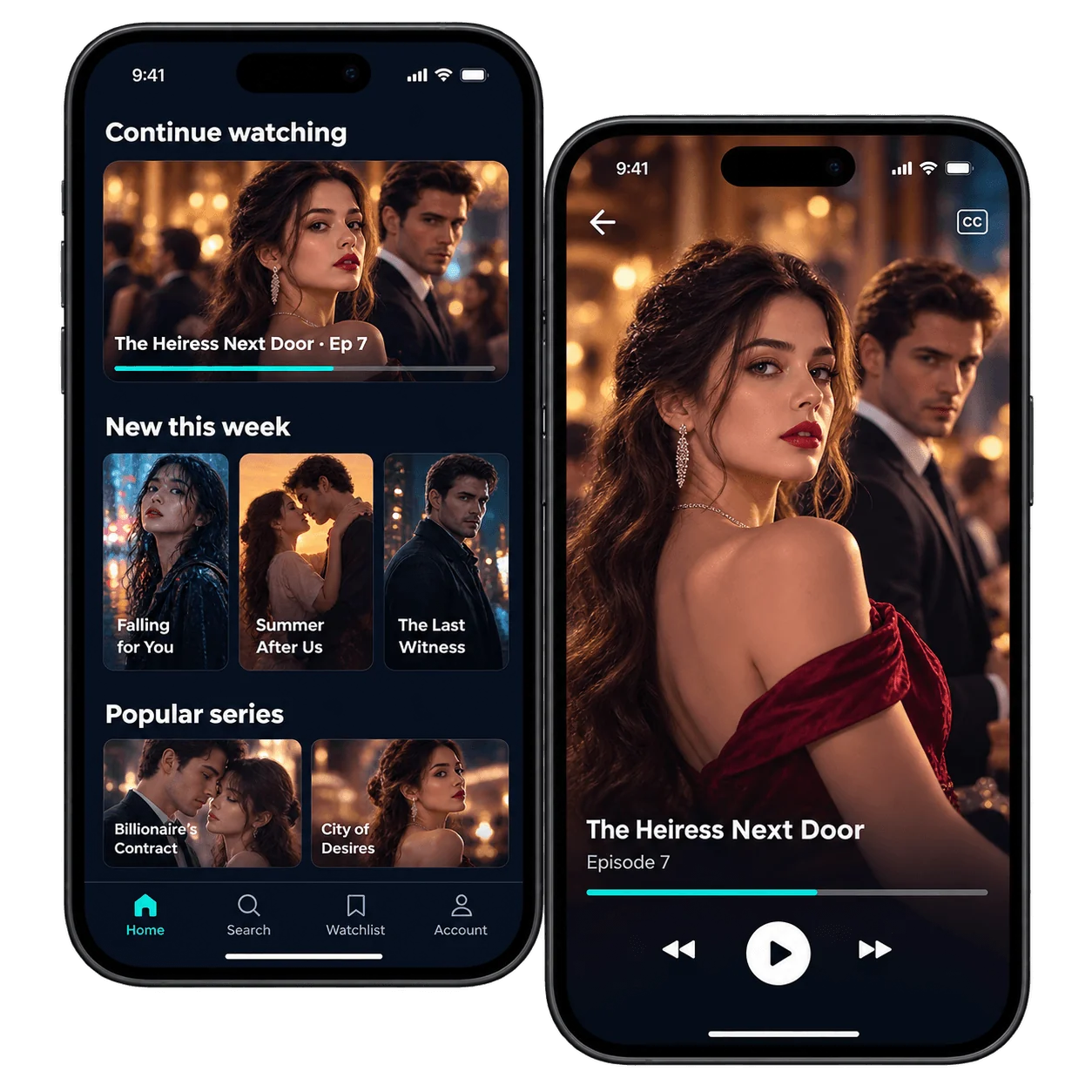 Concept screens of the viewer app: the home screen with continue watching, new series and popular series, beside the portrait player on The Heiress Next Door, episode 7