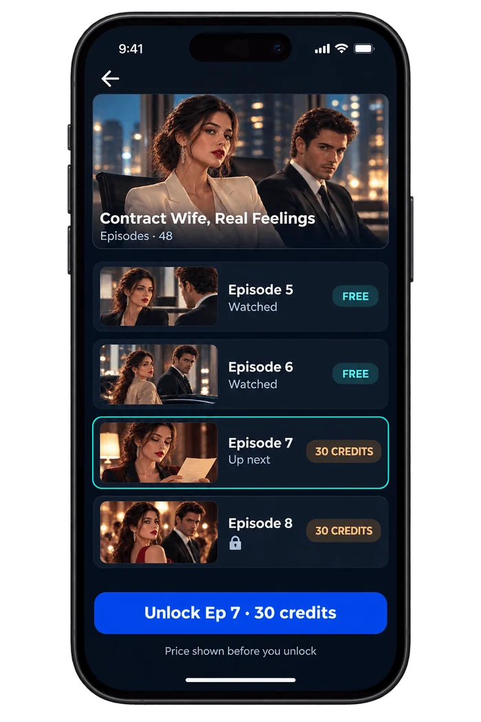 Episode list showing watched free episodes, episode 7 up next for 30 credits, and the unlock button with the price shown first