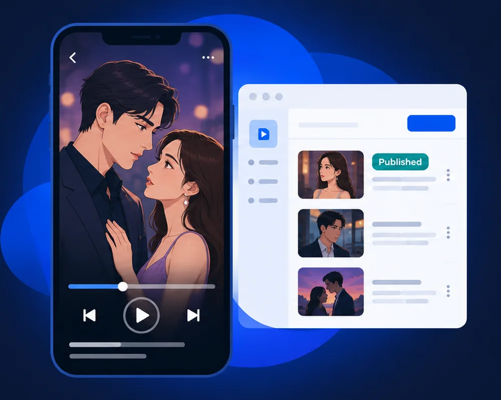 Illustration of a short drama playing in portrait on a phone beside a publishing panel with an episode marked published