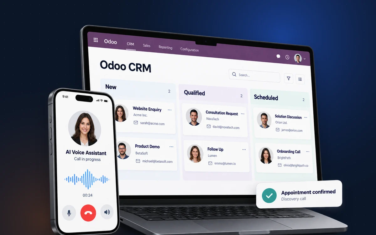 AI voice assistant call on a phone beside an Odoo CRM pipeline, with an appointment confirmed for a discovery call