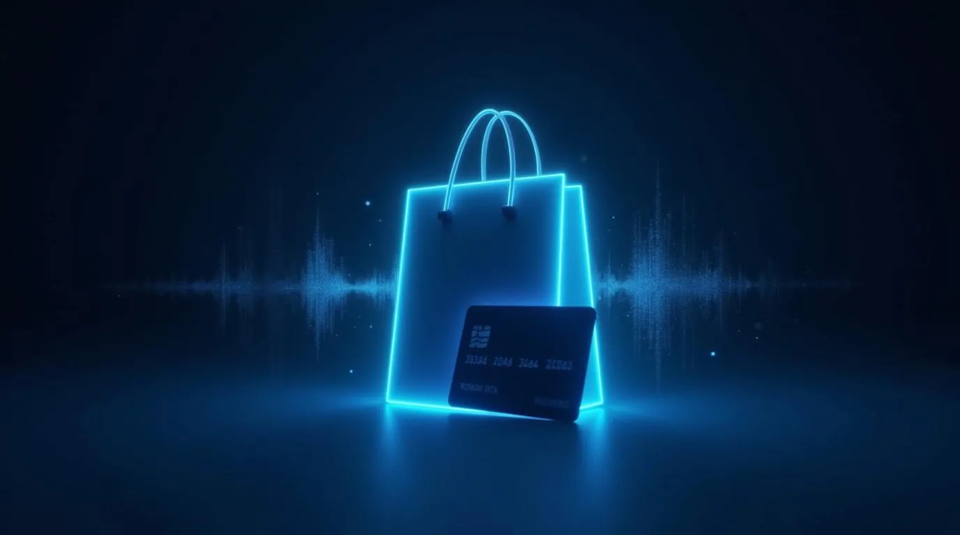 A shopping bag and payment card formed from a glowing soundwave