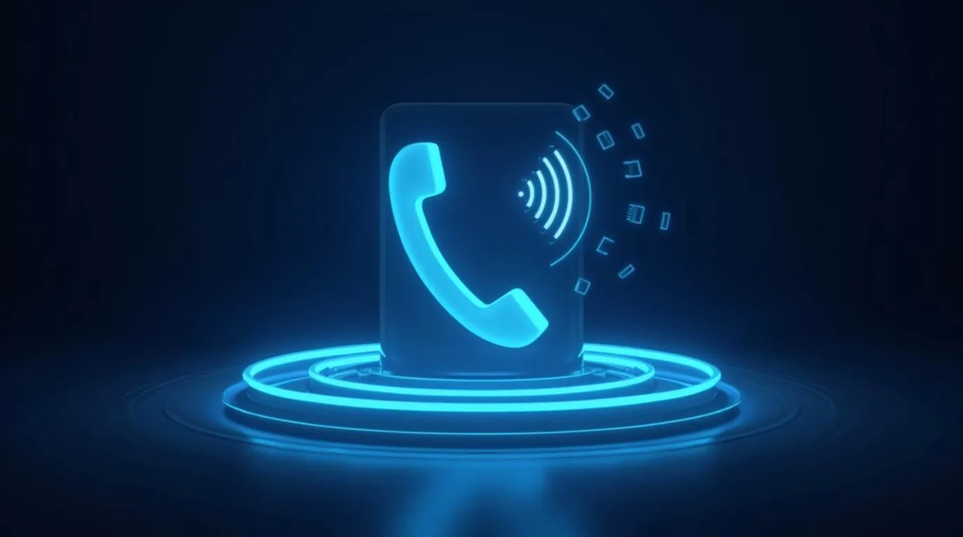 A glowing telephone handset with concentric signal rings, showing an incoming call being answered