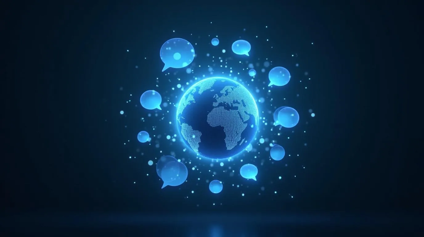 A glowing globe surrounded by speech bubbles of different sizes
