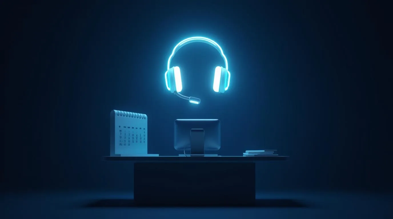 A glowing headset floating above a reception desk with an appointment calendar behind it