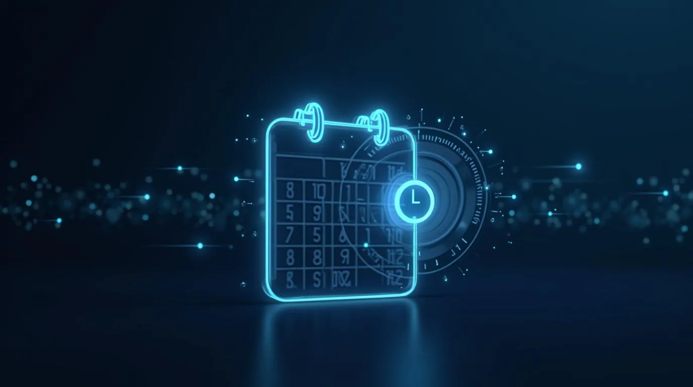 A glowing calendar grid with a clock and one highlighted booked time slot