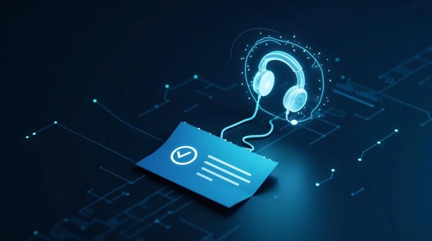 A glowing headset connected to a support ticket resolving into a checkmark