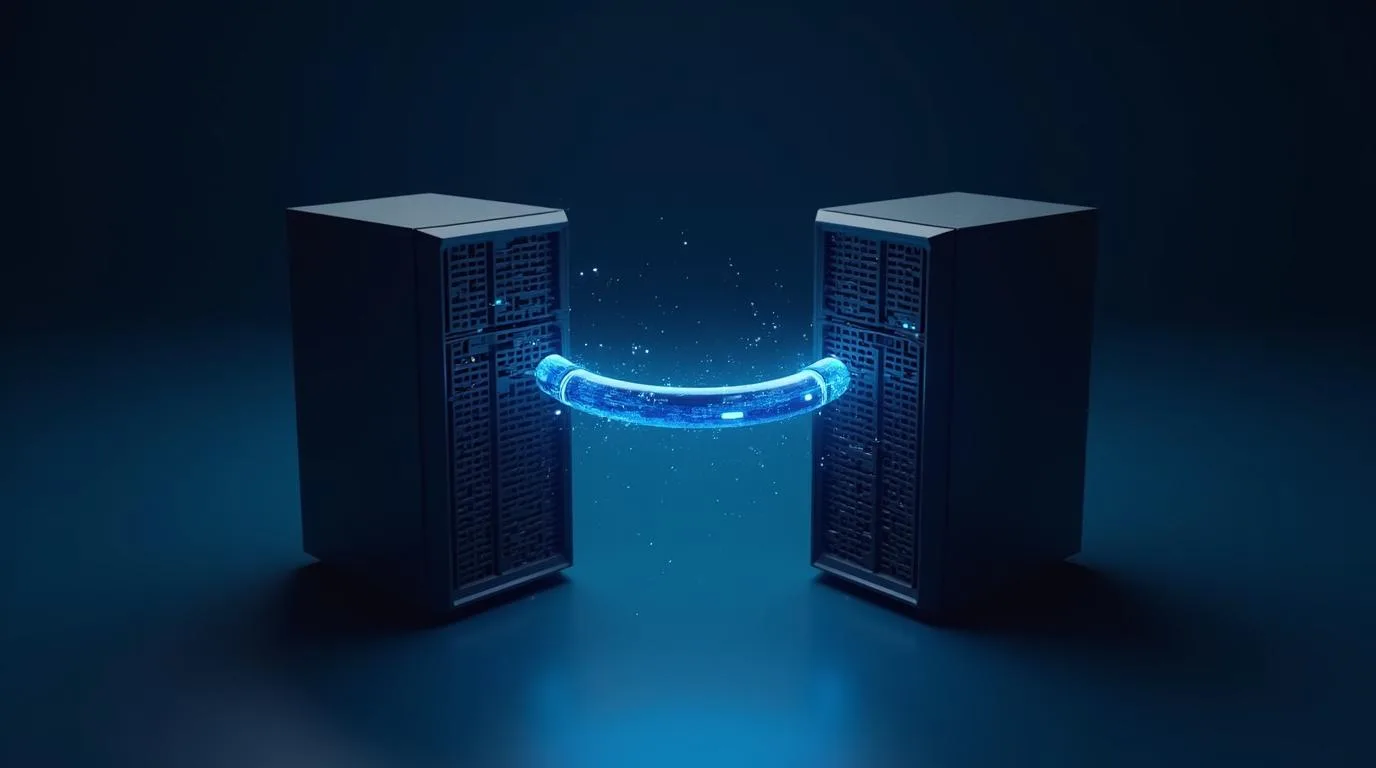Two server stacks joined by a glowing data pipeline