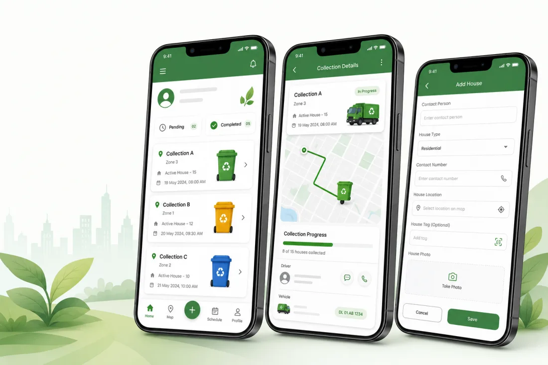Waste collection app screens: collection list, live collection progress with driver and vehicle, and add house onboarding