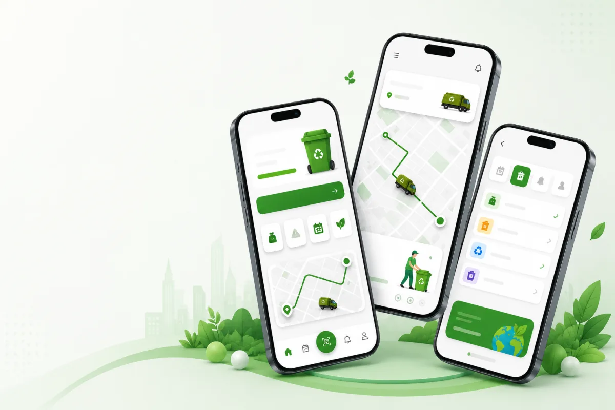 Waste collection mobile app screens: pickup schedule, live truck tracking, and segregation checklist