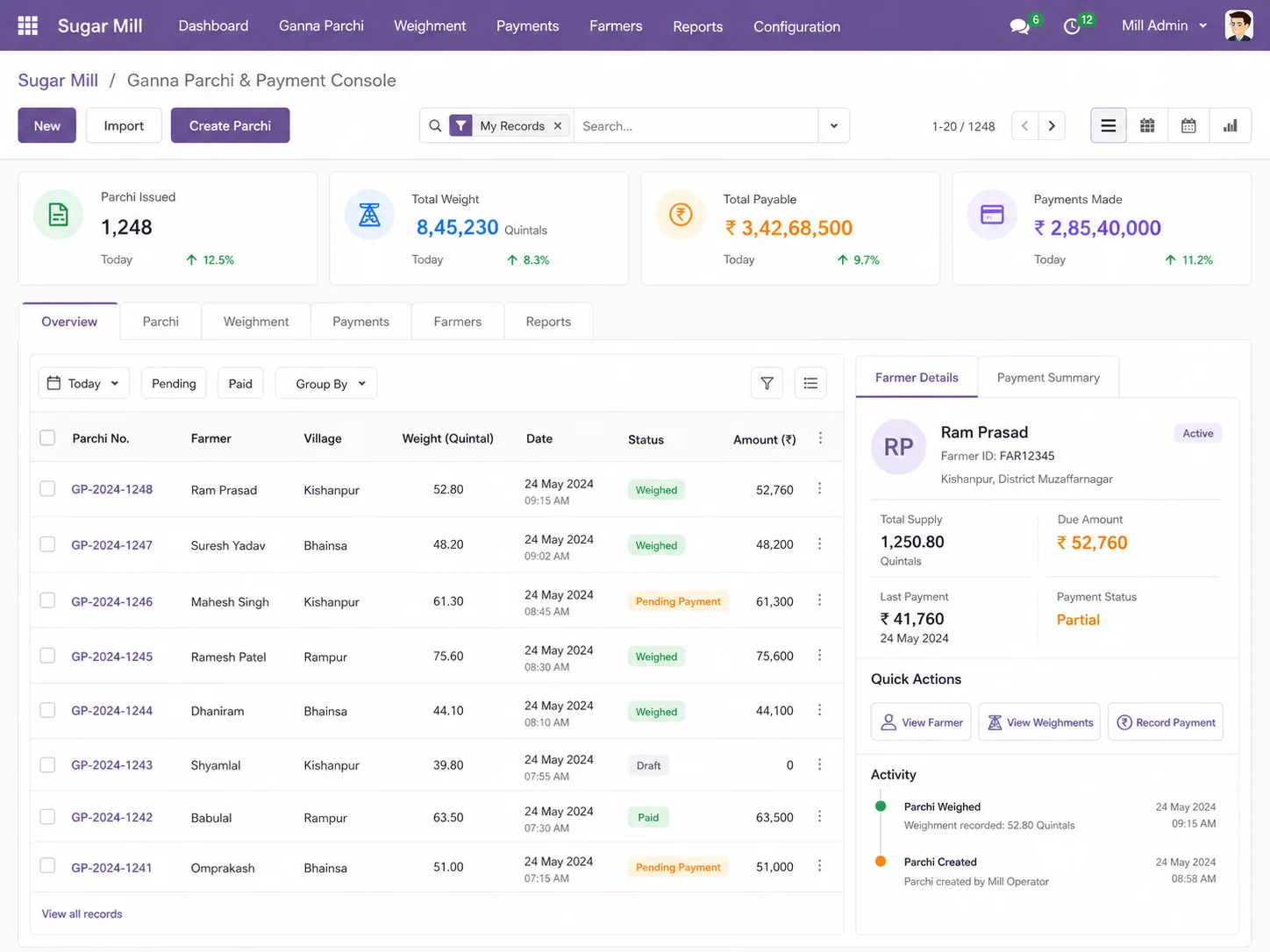 Ganna Parchi and Payment Console screenshot showing parchi list, weight, and farmer payment status in the Odoo ERP