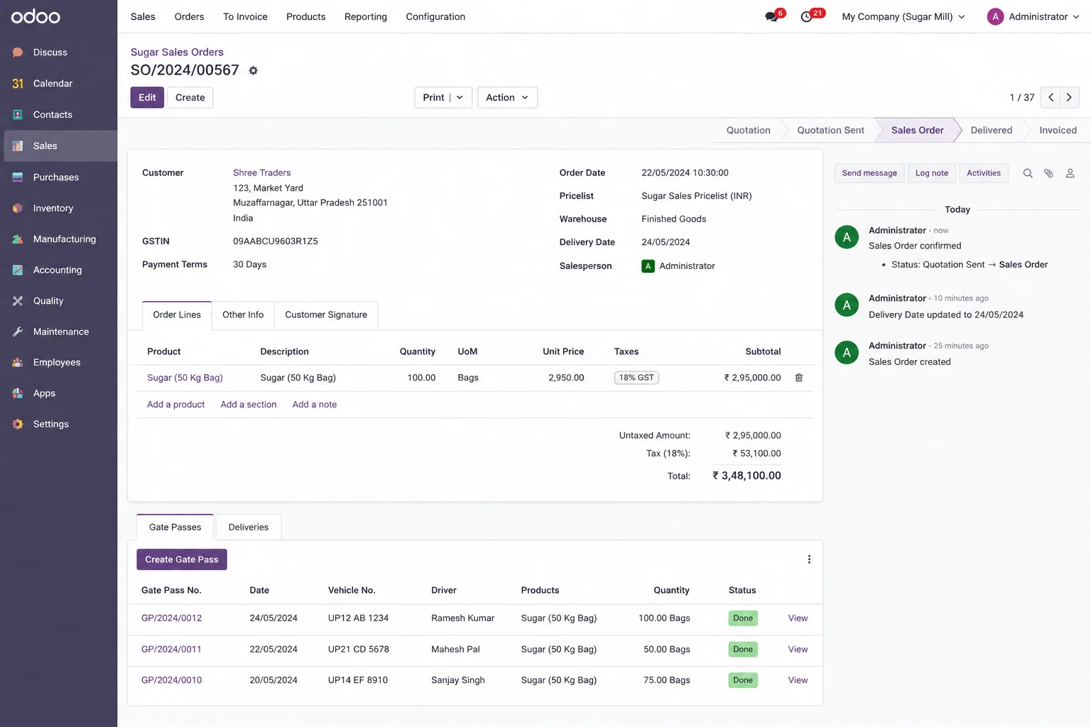 Sugar Sales Order and Gate Pass screen in Odoo showing order lines, GST, and gate pass dispatch records
