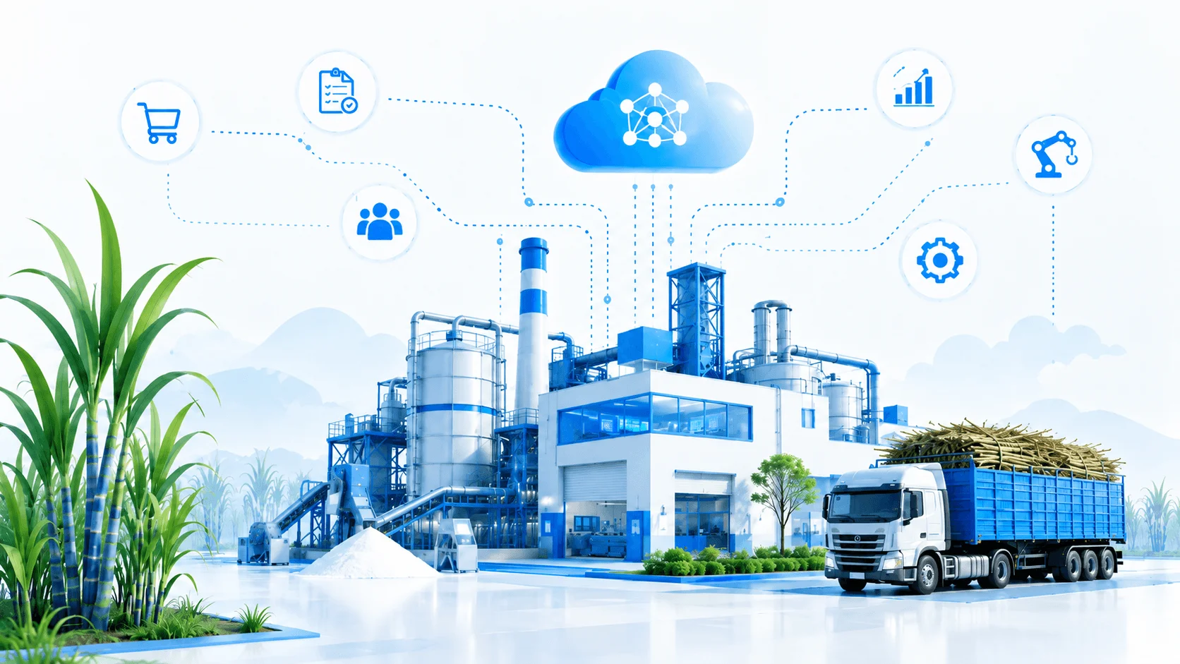 Sugar manufacturing facility connected to a cloud ERP platform, illustrating farmer procurement, sales, inventory and automation integration for AB Sugar