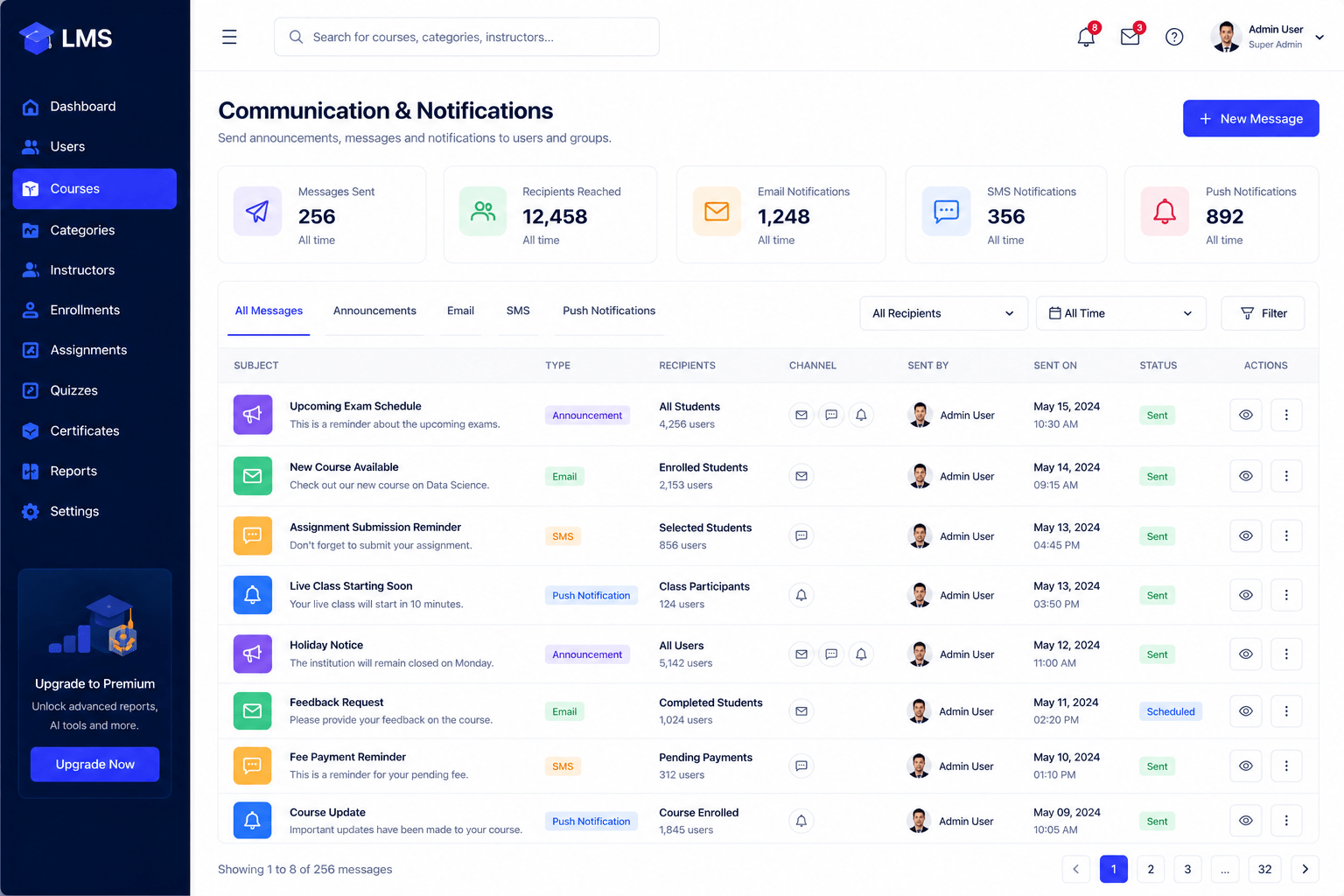 LMS Communication and Notifications screen showing announcements sent by email, SMS and push notification