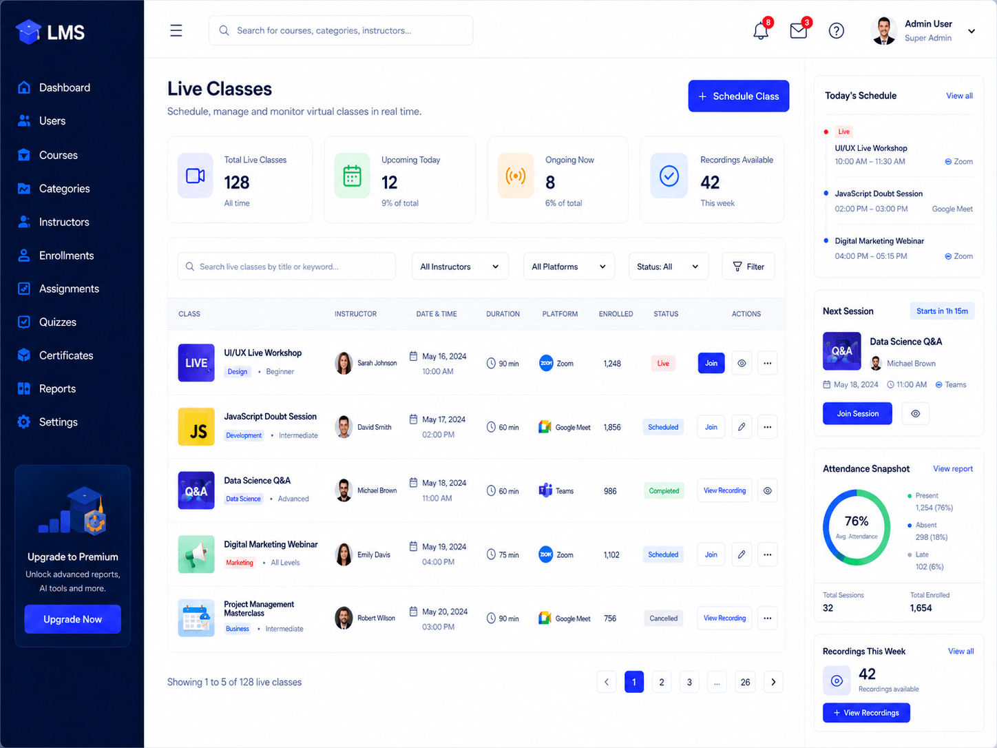 LMS Live Classes screen showing scheduled, ongoing and completed virtual classes with platform integrations